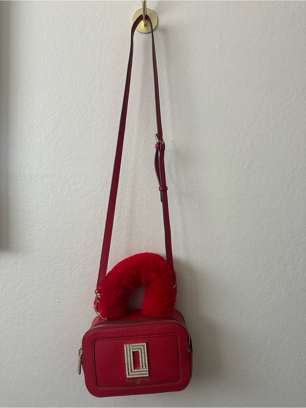Karl Lagerfeld Red Crossbody Camera Bag with Faux Fur Handle